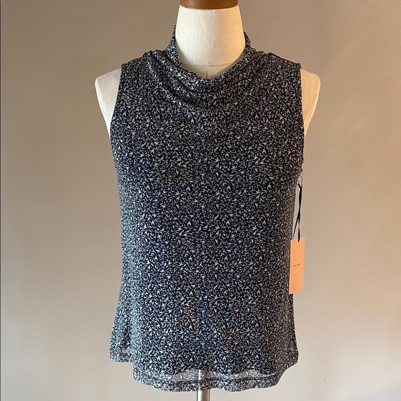 Halogen Women's Sleeveless Top / shell cowl neck mesh overlay stretchy navy wht - Picture 1 of 11